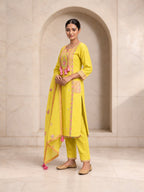 Yellow Roman silk kurta set embroidery and fabric detail