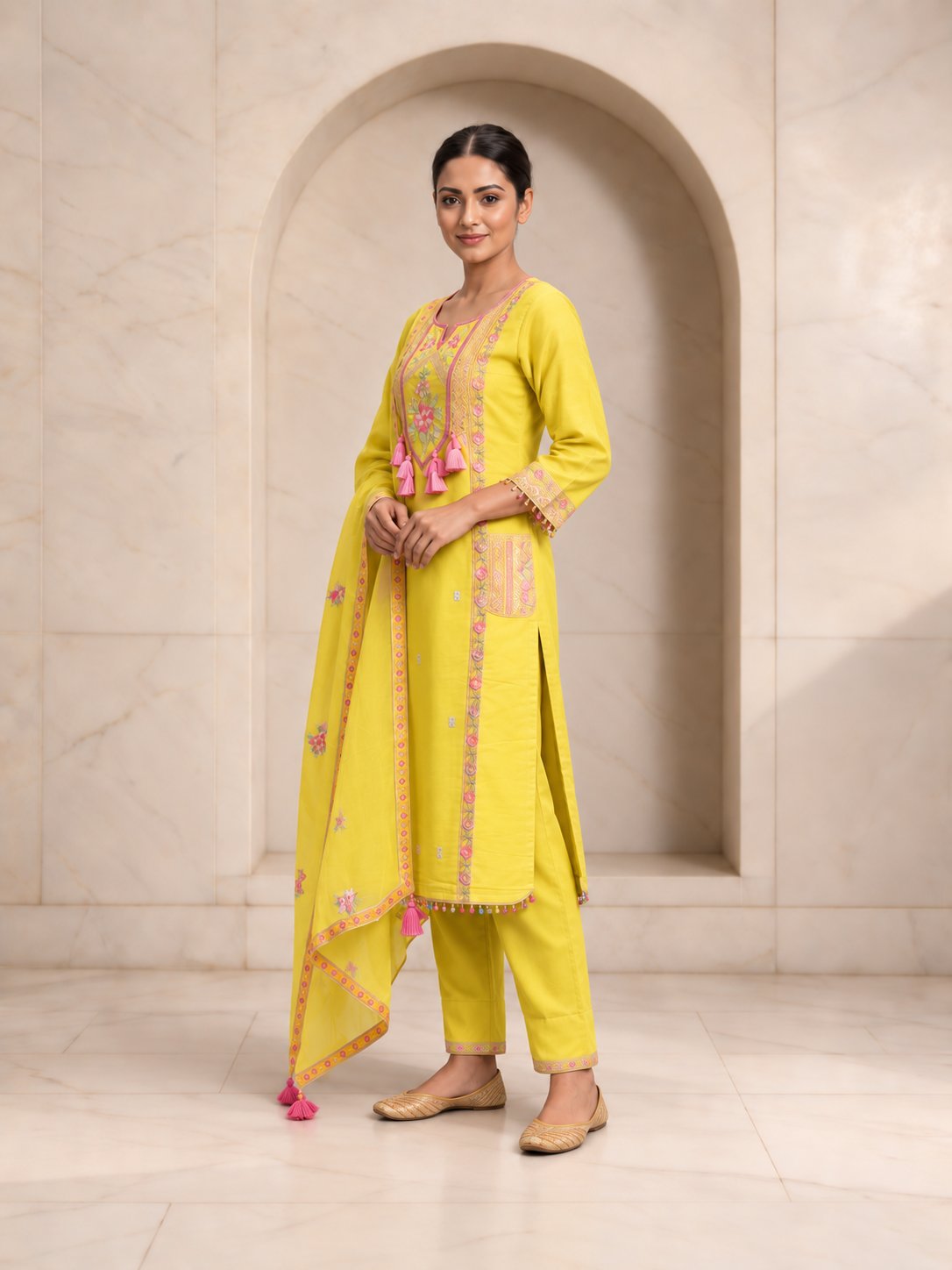 Yellow Roman silk kurta set embroidery and fabric detail