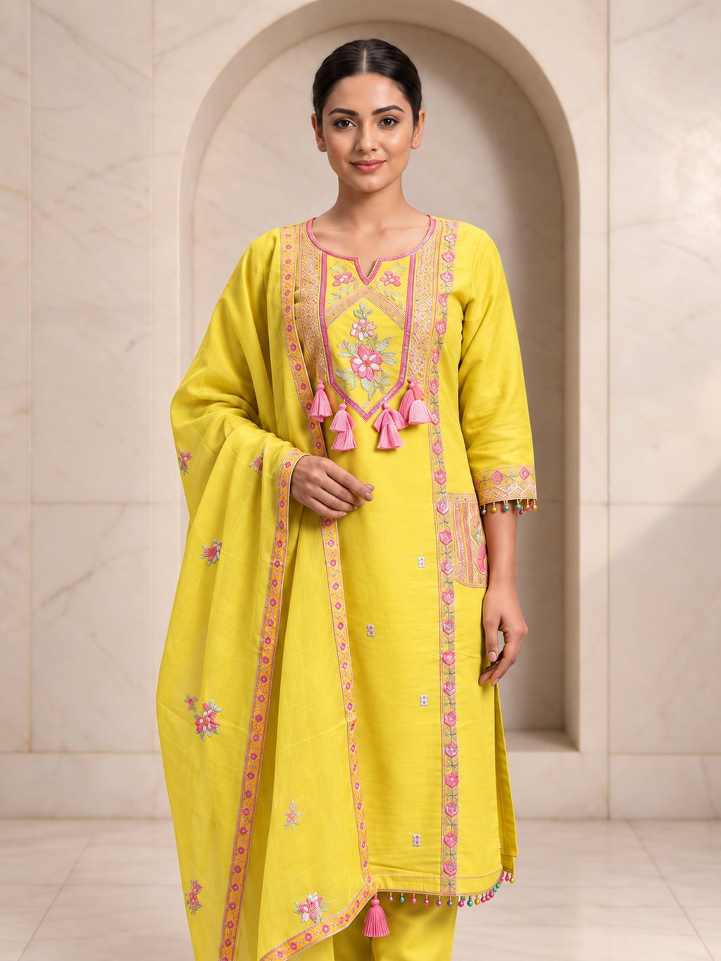 Yellow Roman silk kurta set with dupatta, full length view