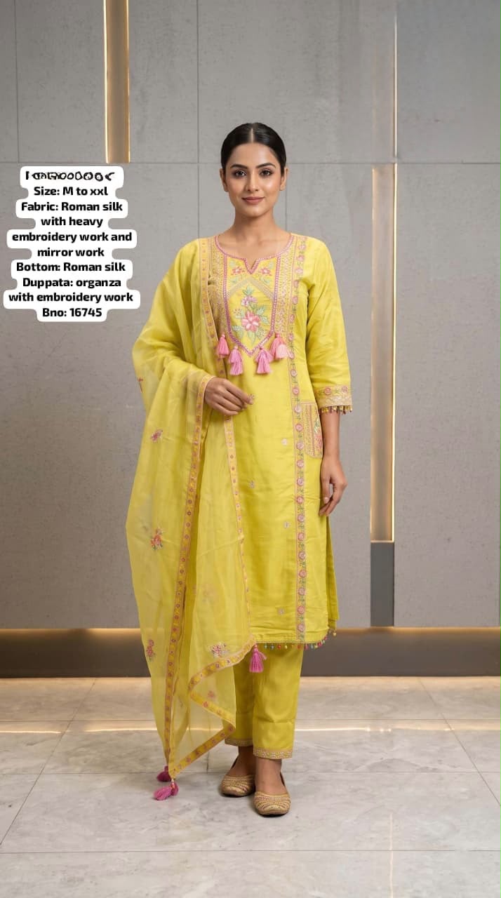 Lime Yellow Roman Silk Kurta Set with Embroidery & Mirror Work – Kavnika Festive Collection