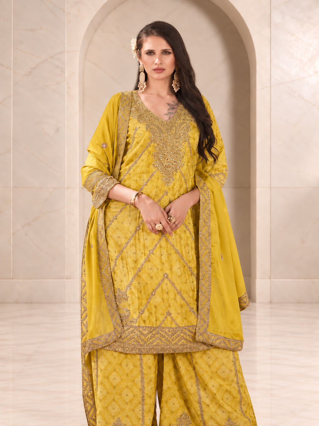 Sunny Lemon Yellow Chiffon Sharara Set with Bandhani Print
