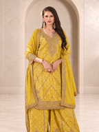 Sunny Lemon Yellow Chiffon Sharara Set with Bandhani Print