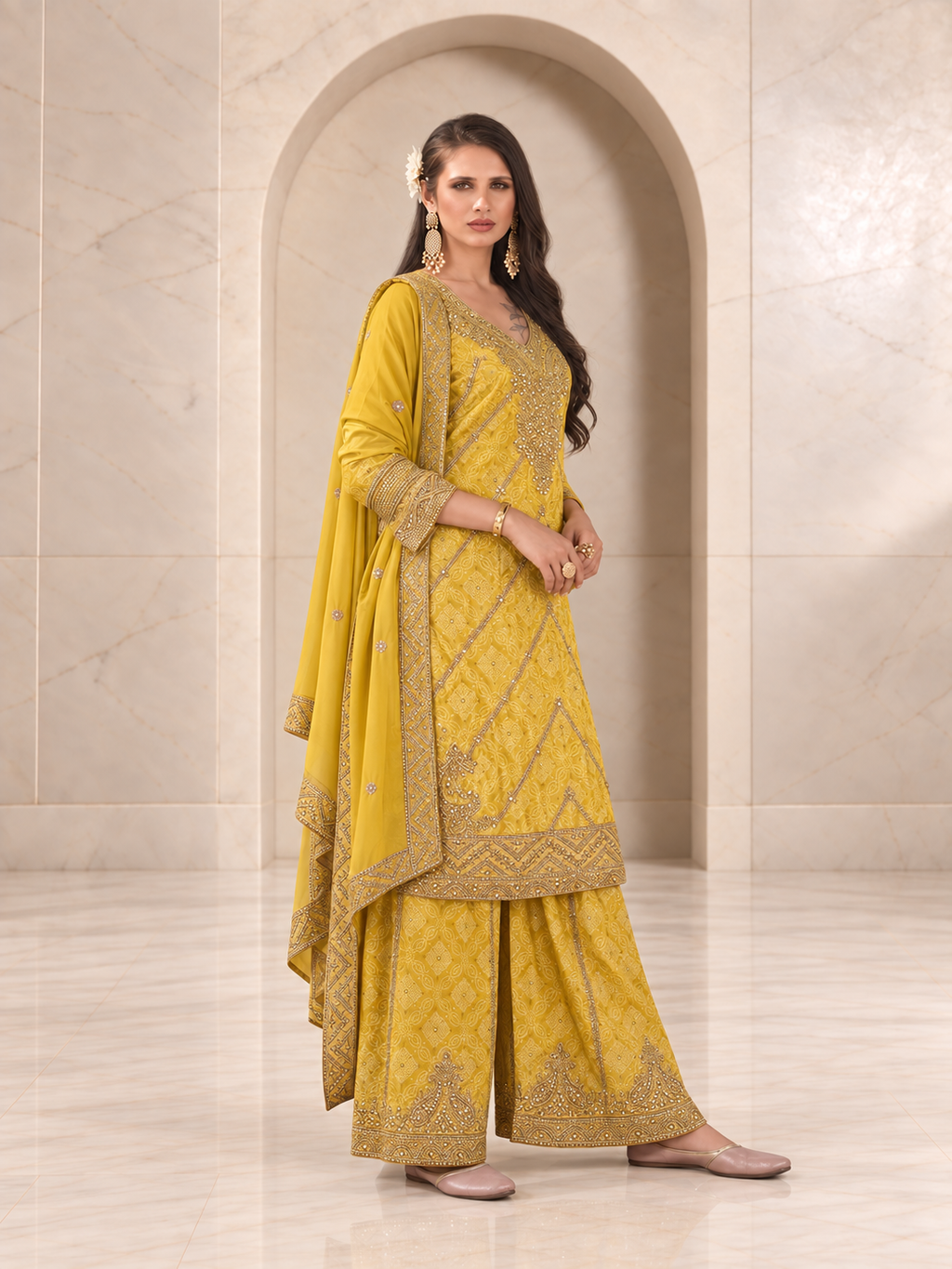 Sunny Lemon Yellow Chiffon Sharara Set with Bandhani Print